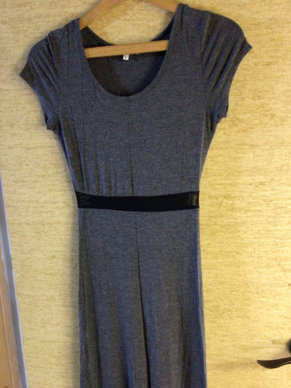 Women’s long grey dress with black accent and side slit. Small soft fabric